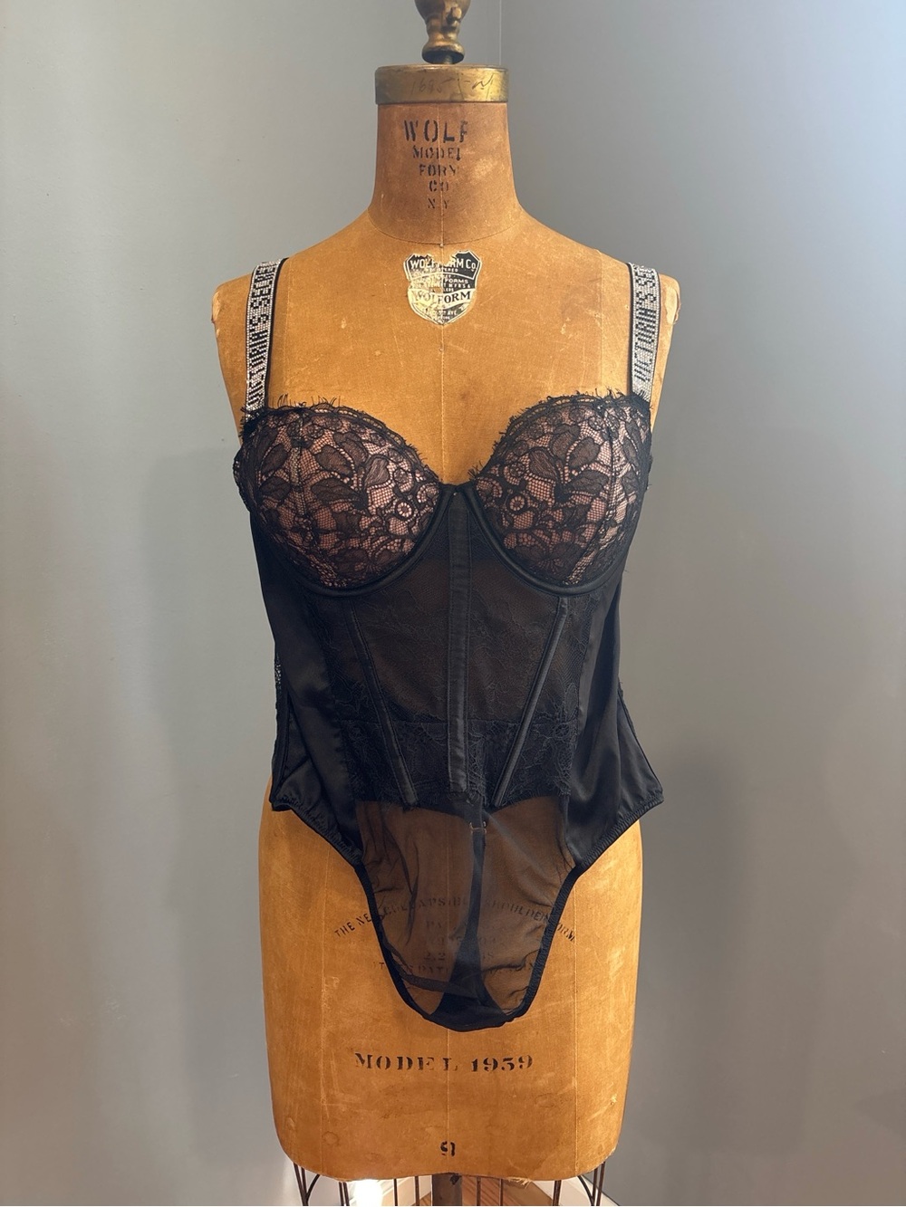 Victoriaโs Secret Black Lace Rhinestoneโ Strap Teddy Bodysuit Medium